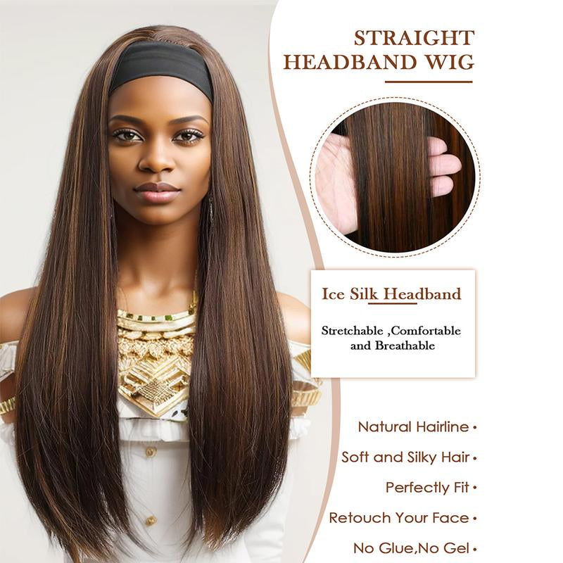 Ombre Headband Wig Synthetic Hair Straight 24Inch 4/27 Highlight Headband Wigs for Black Women Glueless None Lace Front Blonde Stnthetic Hair Headband Wigs Wigs 180% Density