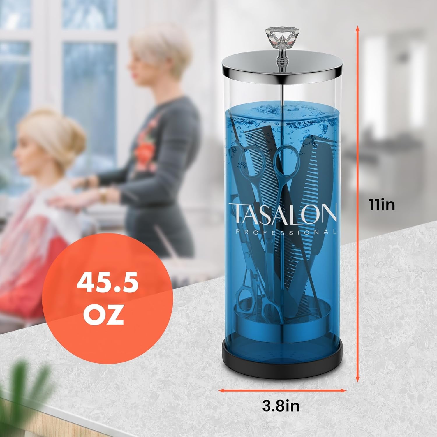 Barber Jar (45.5 Oz) with Crystal Handle - Disinfectant Jar for Salon, Spa and Manicure Shop - Durable Glass and Sterilizing Container with Removable Stainless Steel Basket - Large