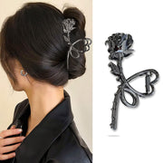 Rose Metal Hair Claw Clips, 1Pc Flower Non-Slip Hair Claw for Thin/Thick Hair - Fashionable Hair Styling Accessory for Women and Girls (Black Rose)