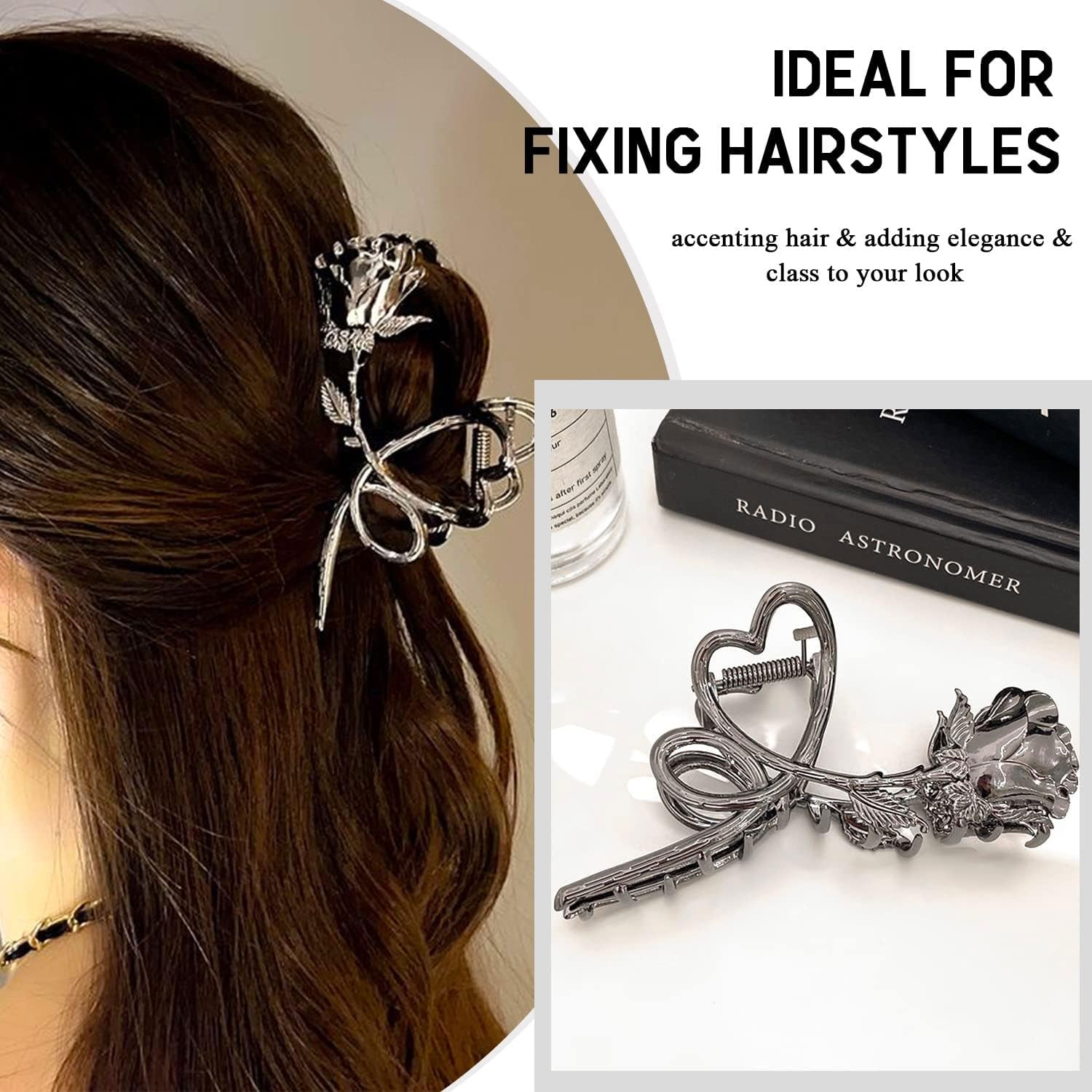 Rose Metal Hair Claw Clips, 1Pc Flower Non-Slip Hair Claw for Thin/Thick Hair - Fashionable Hair Styling Accessory for Women and Girls (Black Rose)