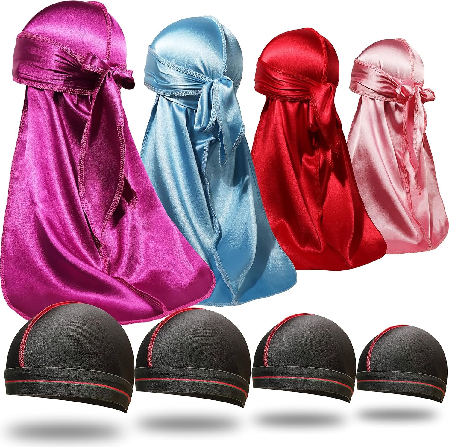 8PCS Silky Durag Men Wave Cap Long Tail Do Rag for 360 Wave Dew Rag Packs