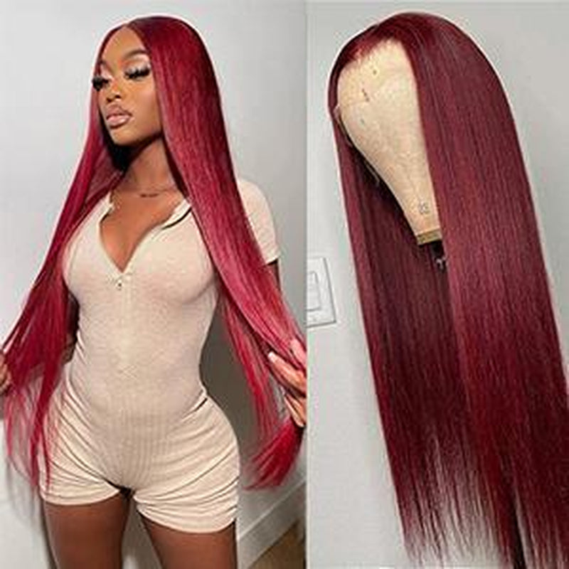 99J Burgundy Straight 13X4 Lace Front Human Hair Wig for Women, Straight 99J Lace Frontal Wig Pre Plucked with Baby Hair Brazilian Remy Hair Glueless Wine Red Colored 150% Density