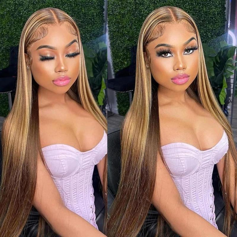 LEMO BEAUTY 13X4 HD Transparent 4/27 Human Hair Lace Front Wigs 180 Density Highlight Straight Lace Front Wigs Human Hair Pre Plucked Ombre Honey Blonde Balayage Color 24 Inch