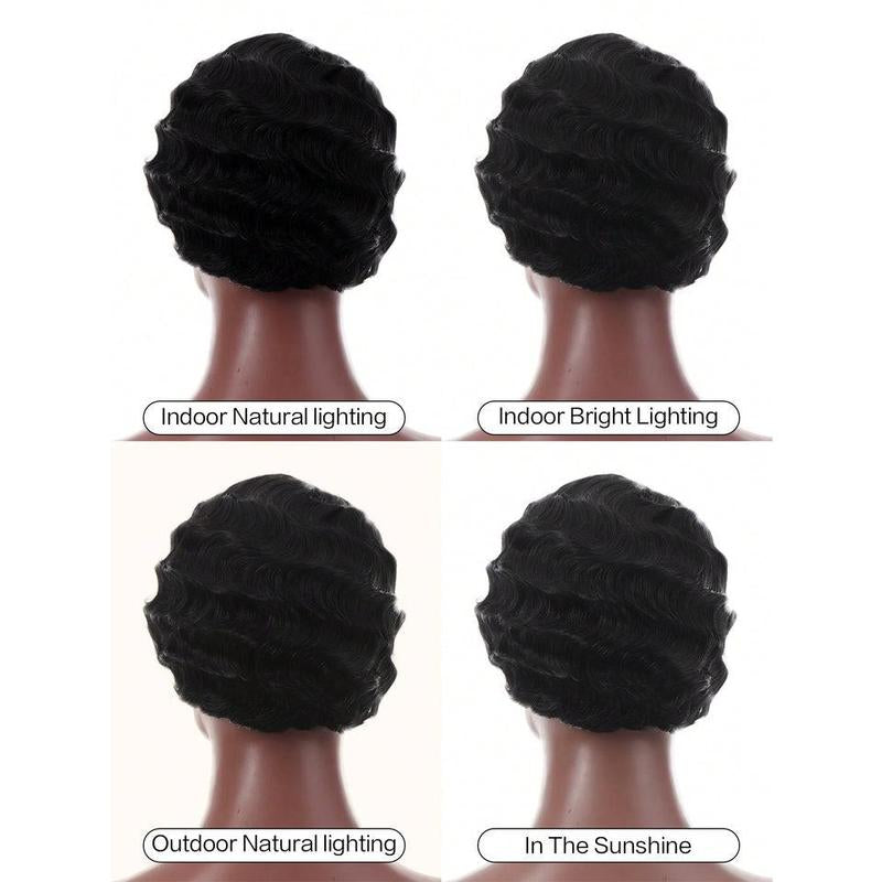 Vintage Short Finger Wave Curly Wigs Pixie Cut Wigs with Bangs