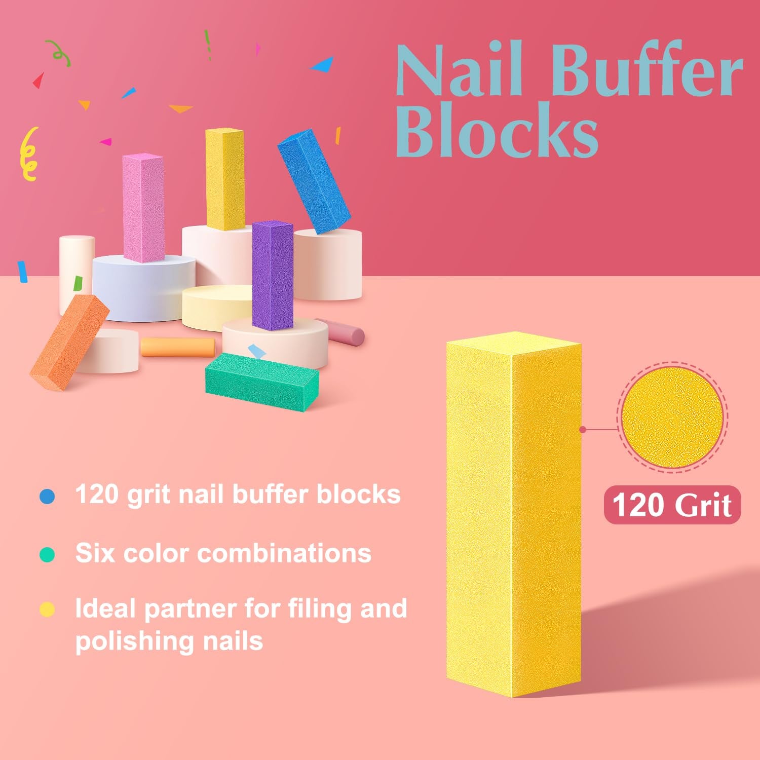 Nail Files and Buffers, Natural and Acrylic Nail Care Kit, 6 Pcs 100/180 Grit File, 6 Pcs Rectangular Buffer Blocks and 2 Brushes