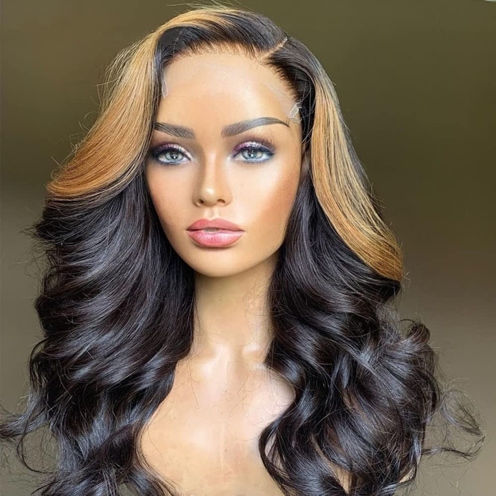 Honey Blonde Highlights Human Hair Wigs 5X5 HD Transparent Lace Closure Wigs Human Hair #27 Colored Loose Body Wave Glueless Lace Wig for Black Women Pre Plucked (14 Inch, 5X5 HD Transparent Lace Closure Wig)