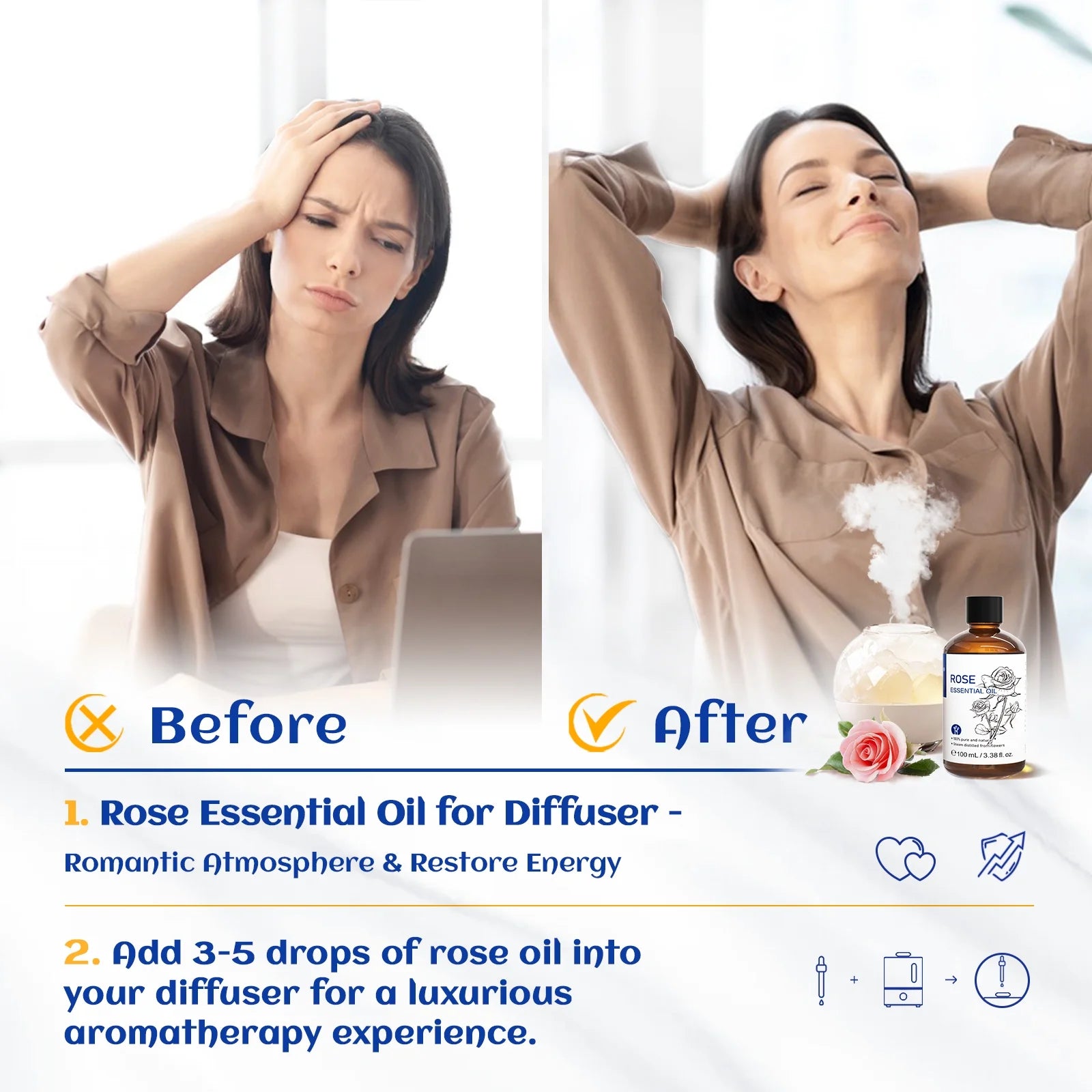 Rose Essential Oil, 100Ml Pure Rose Oil for Bath, Diffuser, Skin, Hair, Humidifier, Perfume