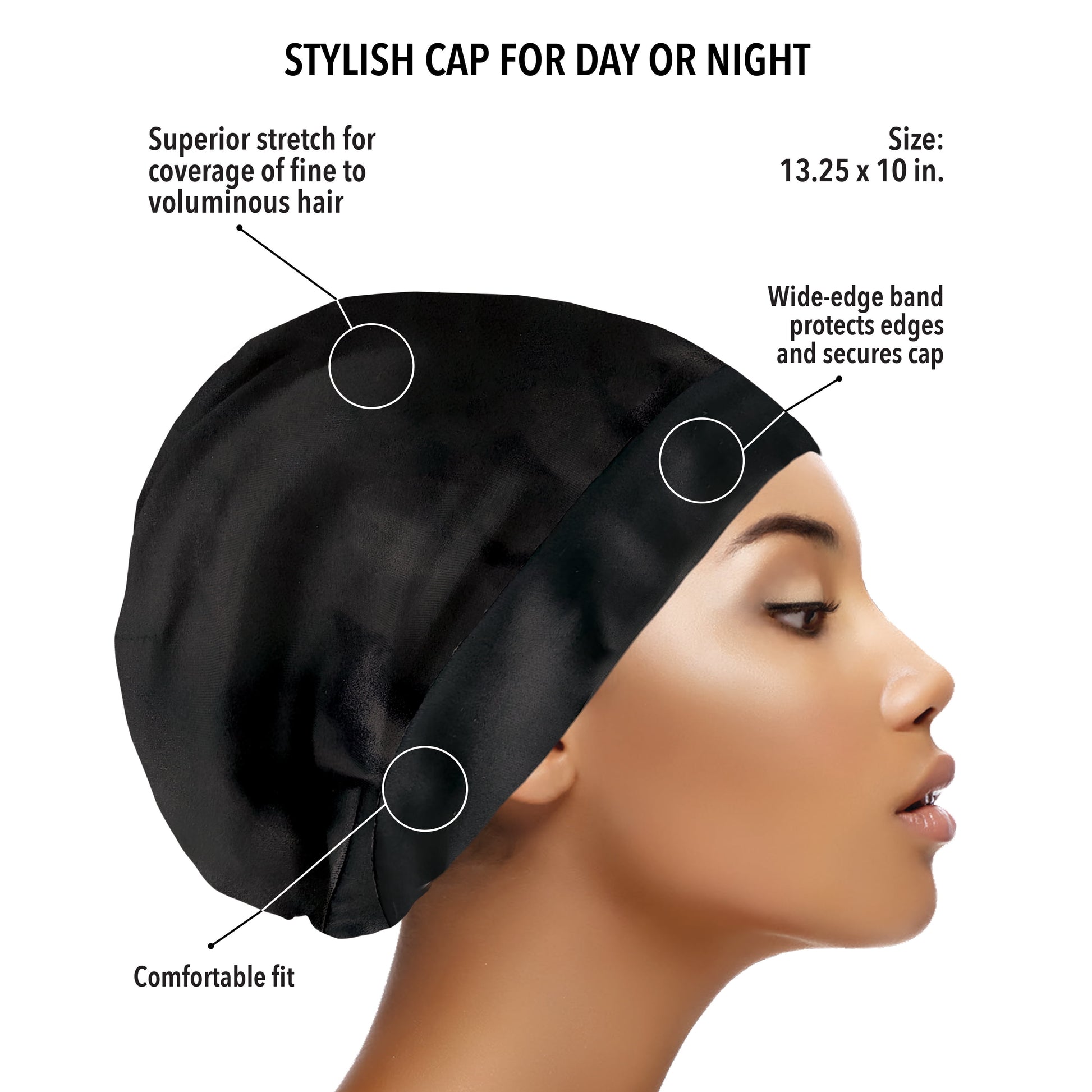 (3 Pack)  Double-Lined Silky Cap, Black