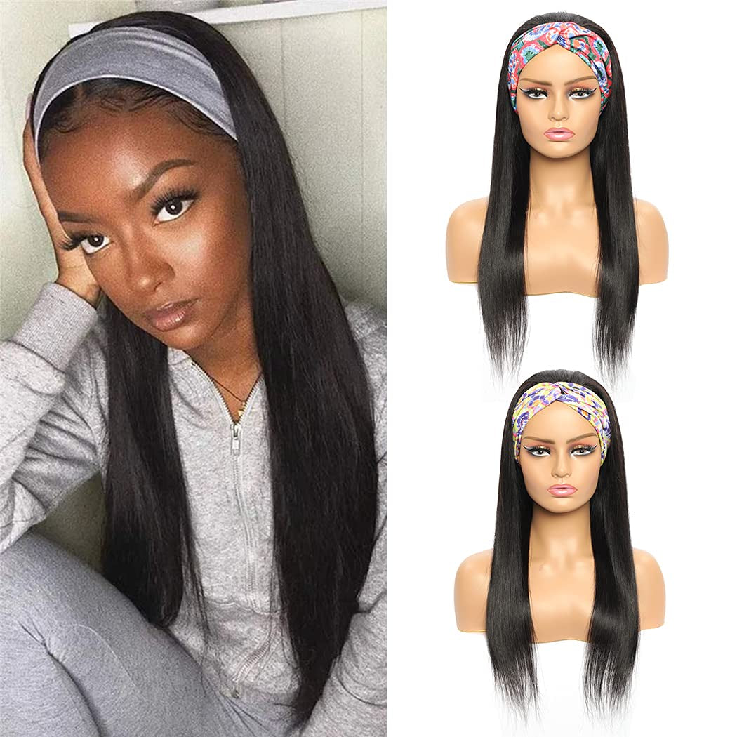 Brazilian Straight Human Hair Headband Wigs for Black Women Glueless None Lace Front Virgin Straight Human Hair Wigs 150% Density Natural Color 16 Inch