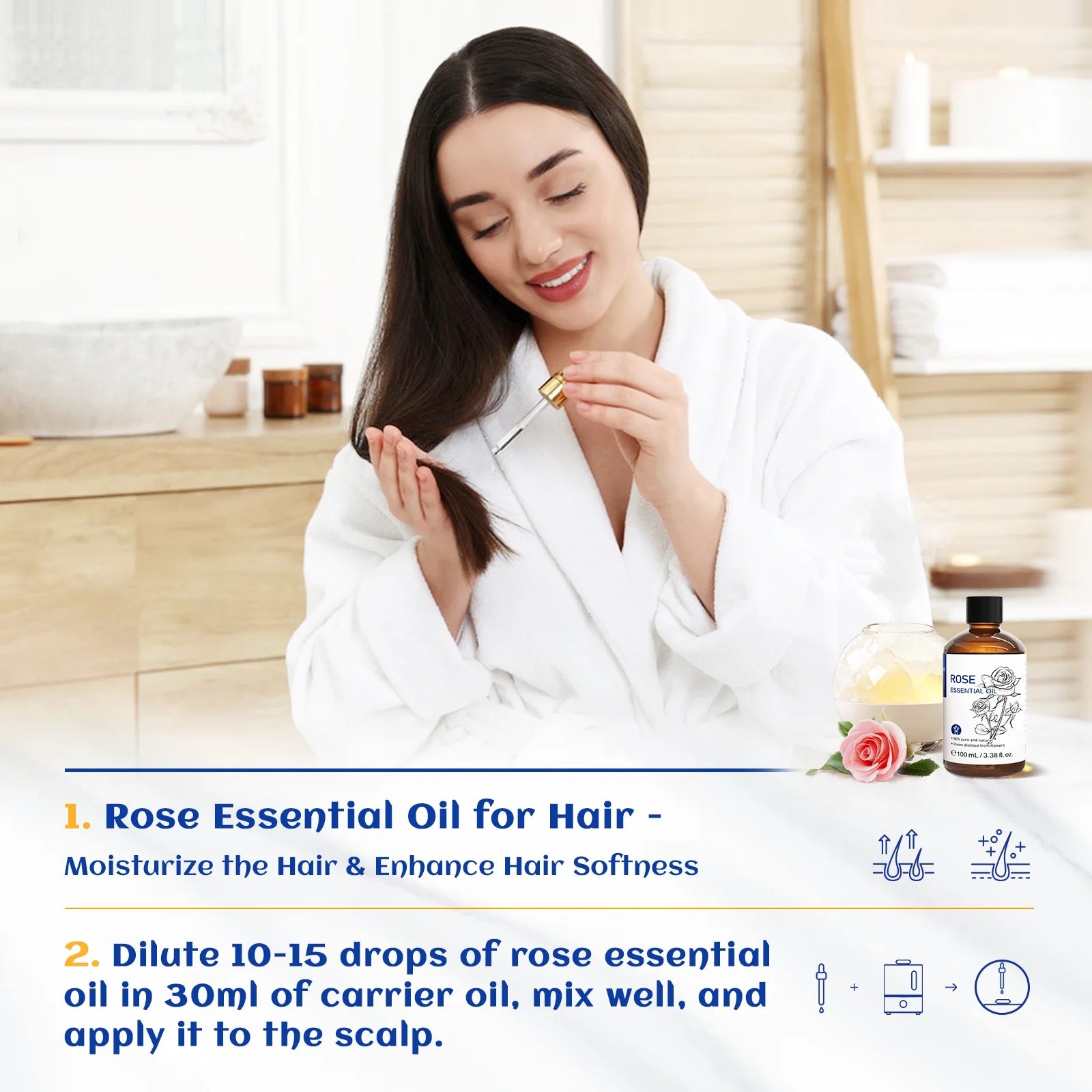 Rose Essential Oil, 100Ml Pure Rose Oil for Bath, Diffuser, Skin, Hair, Humidifier, Perfume