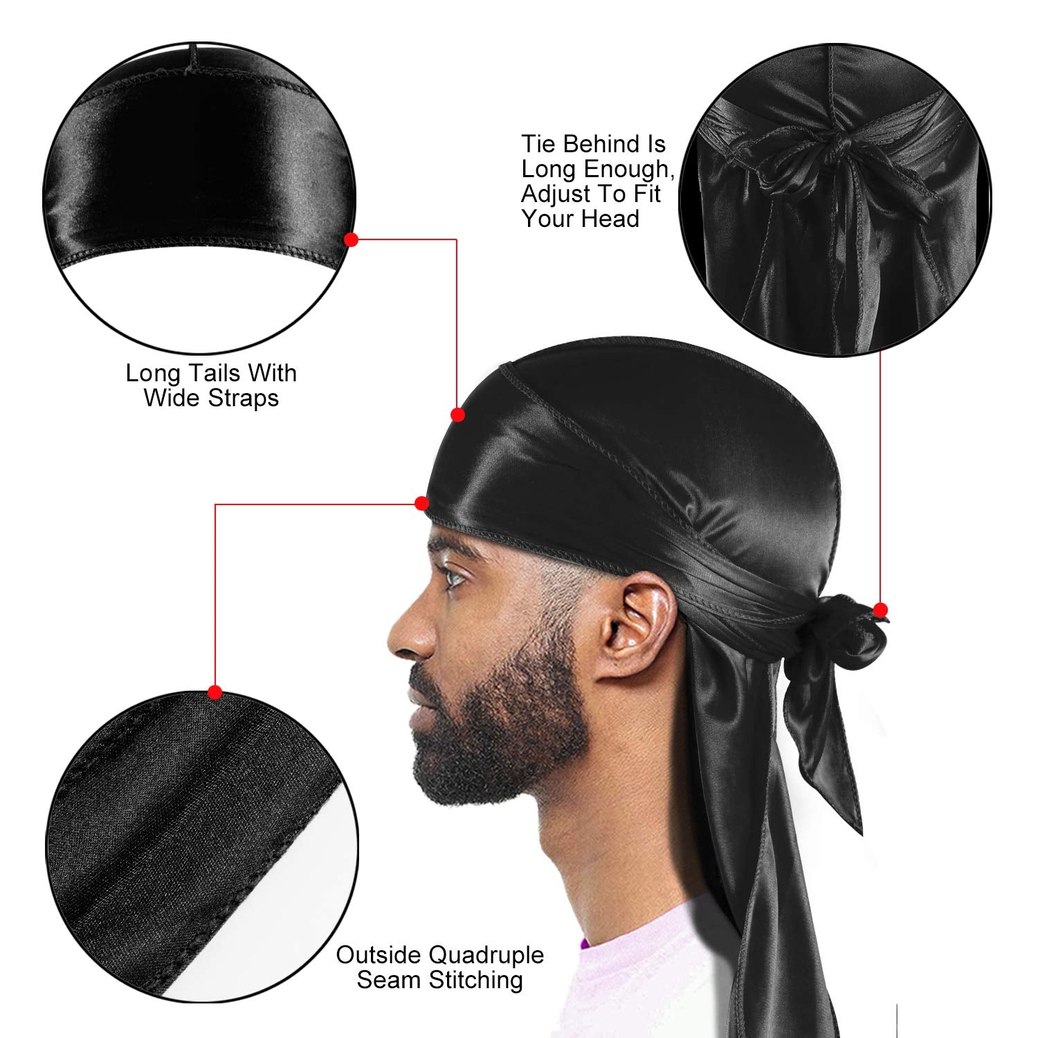 3PCS Silky Durags Pack for Men Waves, Satin Doo Rag, Award 1 Wave Cap,C