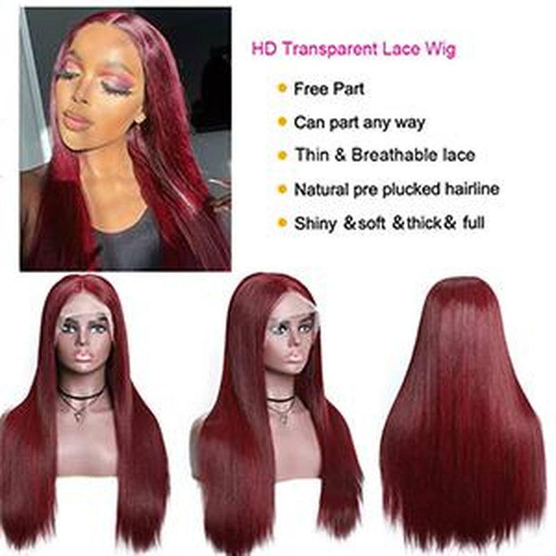 99J Burgundy Straight 13X4 Lace Front Human Hair Wig for Women, Straight 99J Lace Frontal Wig Pre Plucked with Baby Hair Brazilian Remy Hair Glueless Wine Red Colored 150% Density