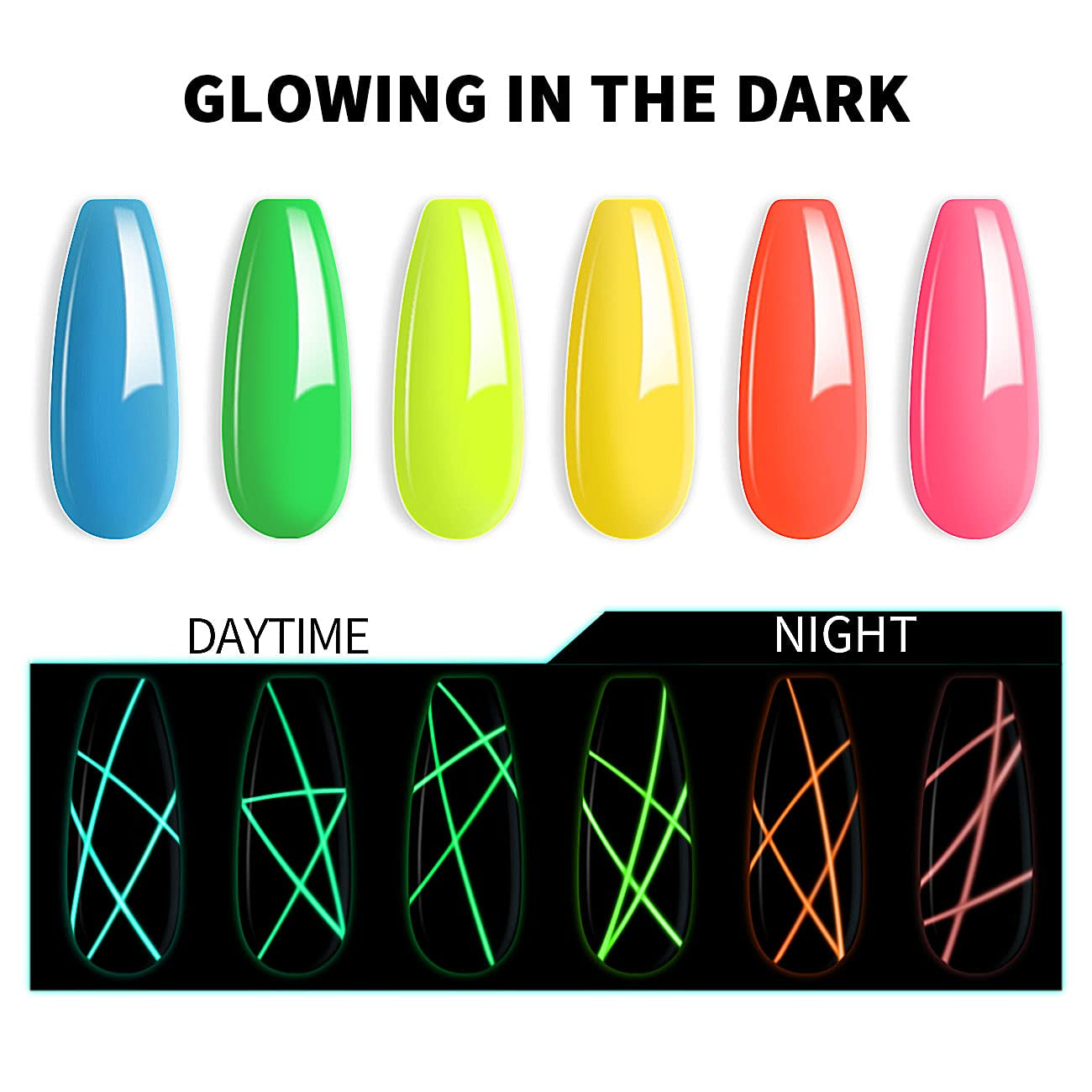 Gel Nail Art Polish, Glow in the Dark Gel Liner Art Set Luminous Painting Gelpolish for Nailart Fluorescent Bright Colors Hot Pink Neon Yellow Green Blue Orange Nail Kit for Christmas