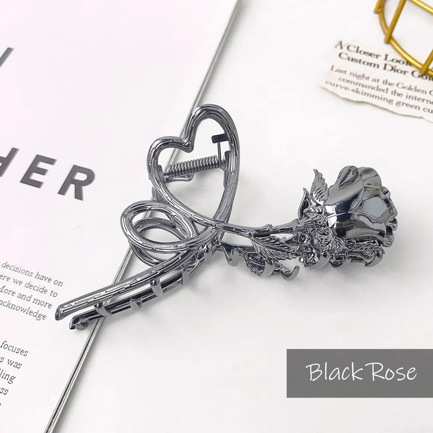 Rose Metal Hair Claw Clips, 1Pc Flower Non-Slip Hair Claw for Thin/Thick Hair - Fashionable Hair Styling Accessory for Women and Girls (Black Rose)