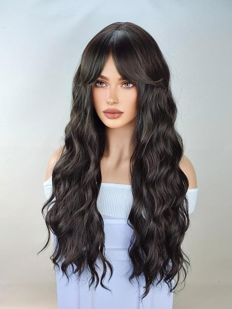 Long Curly Wigs for Women, Glueless Wigs Ready to Wear, Gorgeous Fluffy Wigs with Bangs, Synthetic Full Machine Wigs for Party, Daily Use