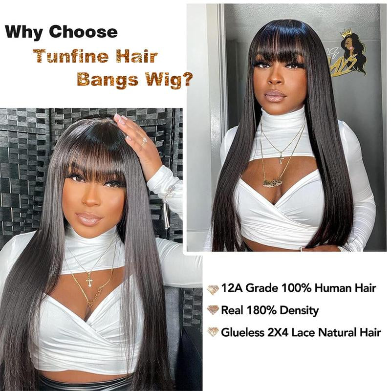 Tunfine Glueless Wig with Bangs Straight Human Hair Wigs for Women 180% Density 2X4 Lace Wigs Middle Part