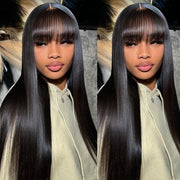 Tunfine Glueless Wig with Bangs Straight Human Hair Wigs for Women 180% Density 2X4 Lace Wigs Middle Part