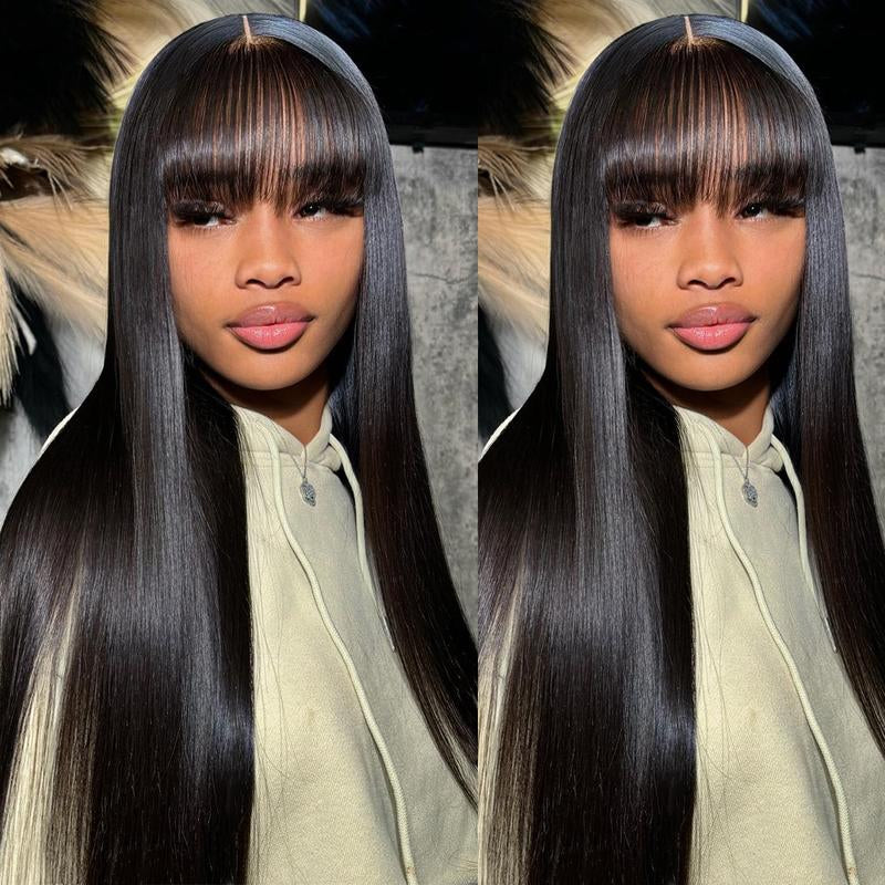 Tunfine Glueless Wig with Bangs Straight Human Hair Wigs for Women 180% Density 2X4 Lace Wigs Middle Part