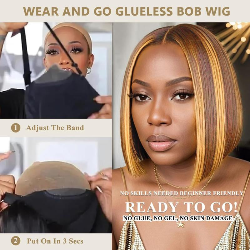 Wear and Go Glueless Bob Wig Human Hair 4/27 Ombre Highlight Bob Wig Human Hair Glueless 4X4 HD Lace Closure Glueless Wigs Human Hair Pre Plucked 180% Density Short Straight Blonde Bob Wigs for Women