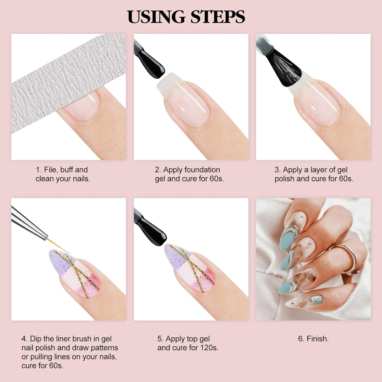 6Pcs Nail Art Liner Brushes Set: Nail Brush Gel Polish Painting Nail Art Design Brushes Pen with Crushed Diamond Rhinestone Handle for Pulling Lines,Sizes 7/9/11/13/17/23 Mm