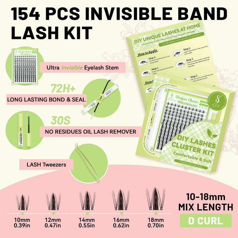 SZY Fairy Lash Clusters Kit Manga Lash Extension Kit D Curl 154Pcs Eyelash Extension Kit Wispy Natural Invisible Band Lash Kit with Waterproof DIY Lash Extension Kit at Home(Fairy-D-10-18Mix) Makeup Cosmetic Lashcluster Natural Lash Clusters