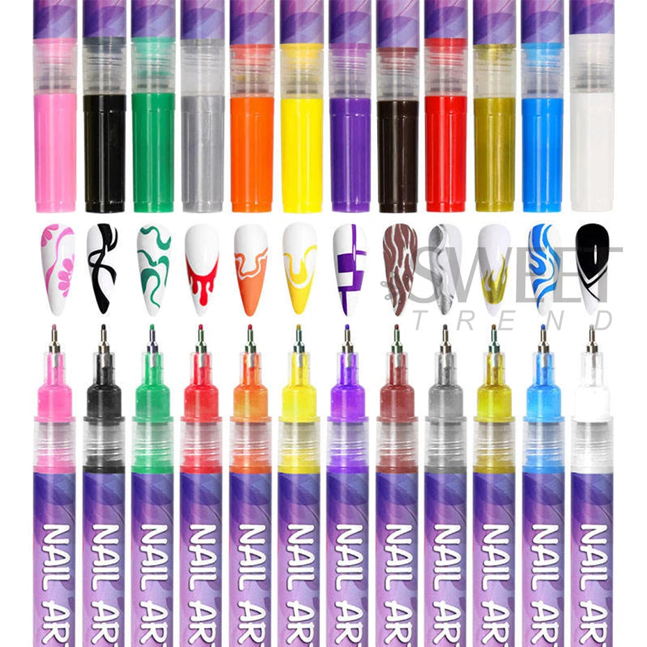 12 Colors Y2K Graffiti Nail Polish Pen Acrylic Painting Pencil Abstract Design Quick Drying Professional Hook Line Manicure Tool