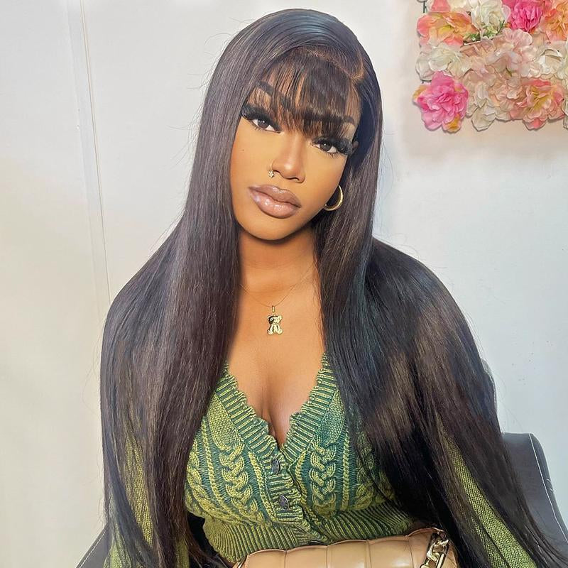 Tunfine Glueless Wig with Bangs Straight Human Hair Wigs for Women 180% Density 2X4 Lace Wigs Middle Part