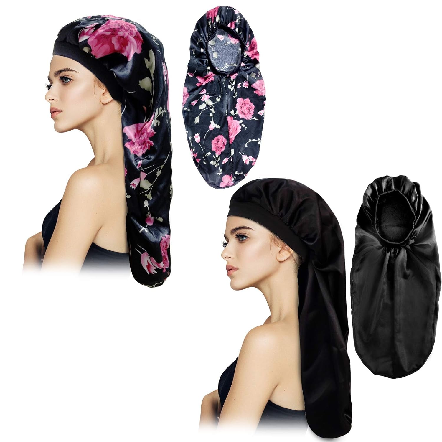 2Pcs Long Satin Bonnet Sleep Cap,Extra Large Braids Bonnets for Sleeping,Long Hair,Soft&Comfortable Elastic Band Bonnets for Women Night Sleep,Hair Bonnets for Women Satin (Black+Red Pattern)
