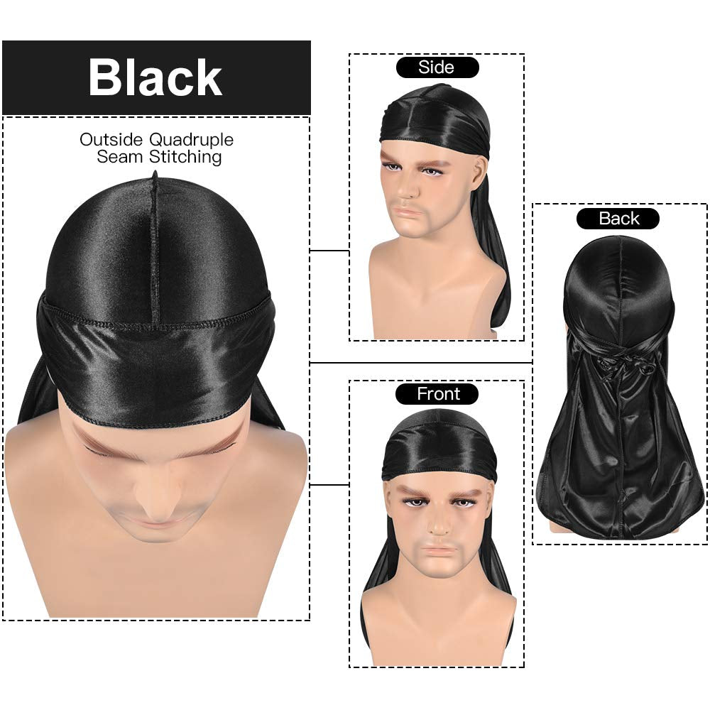 3PCS Silky Durags Pack for Men Waves, Satin Doo Rag, Award 1 Wave Cap,C