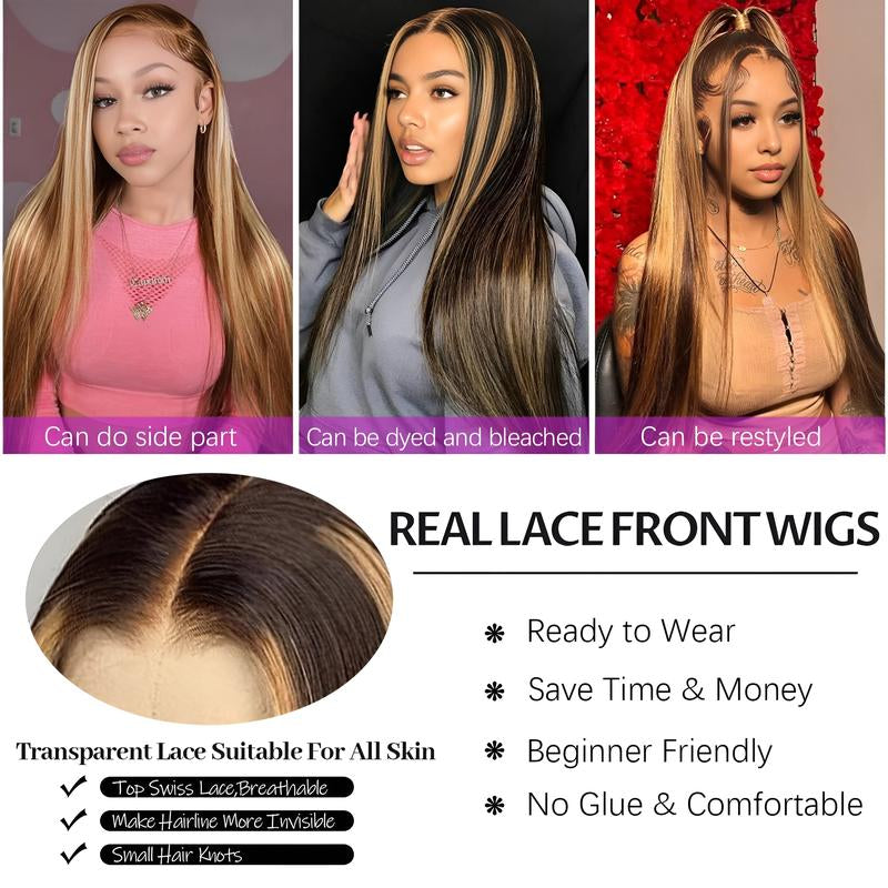 LEMO BEAUTY 13X4 HD Transparent 4/27 Human Hair Lace Front Wigs 180 Density Highlight Straight Lace Front Wigs Human Hair Pre Plucked Ombre Honey Blonde Balayage Color 24 Inch
