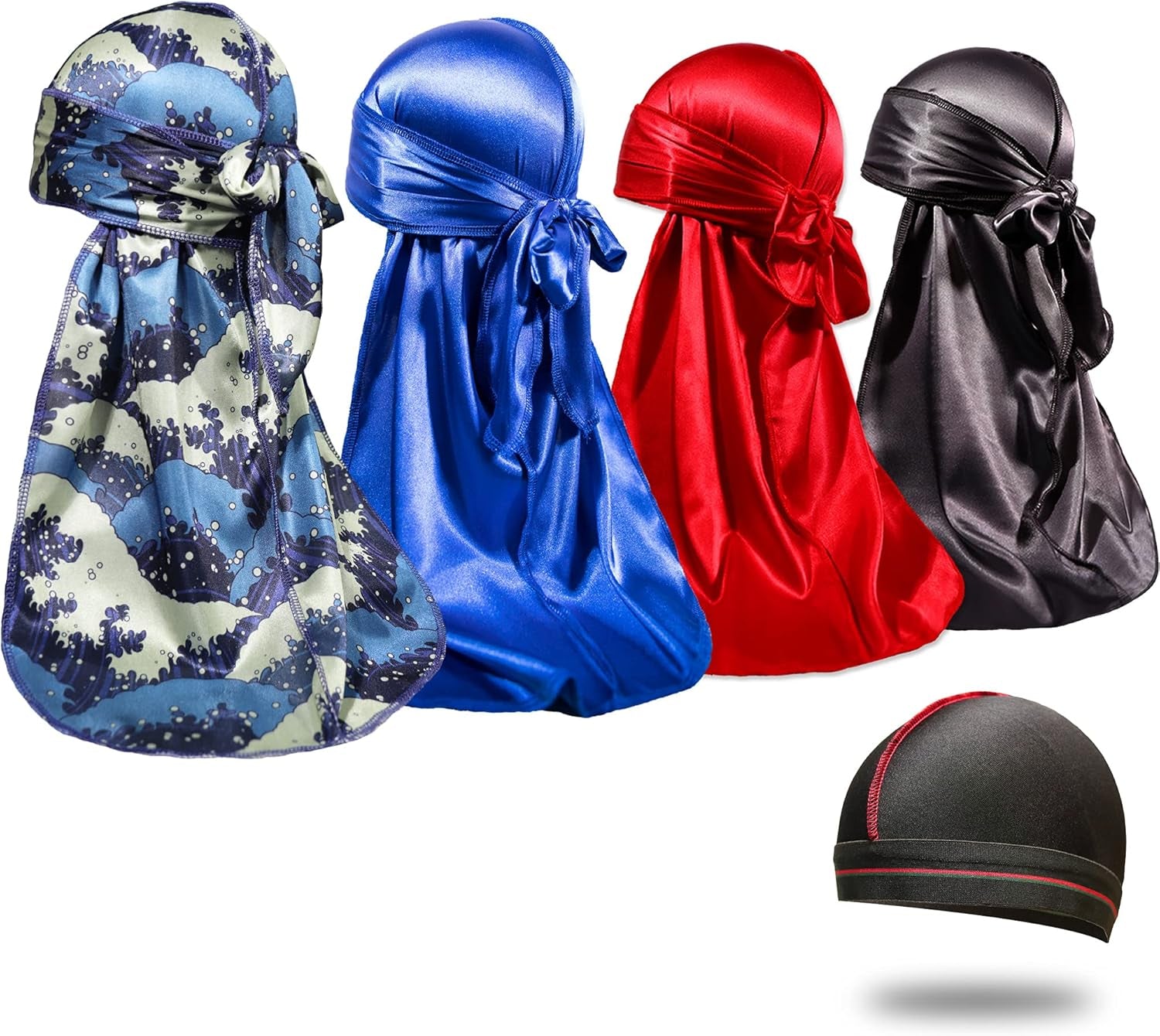 4PCS Silky Durags for Men 360 Waves, Designer Do Rag, 1 Wave Cap