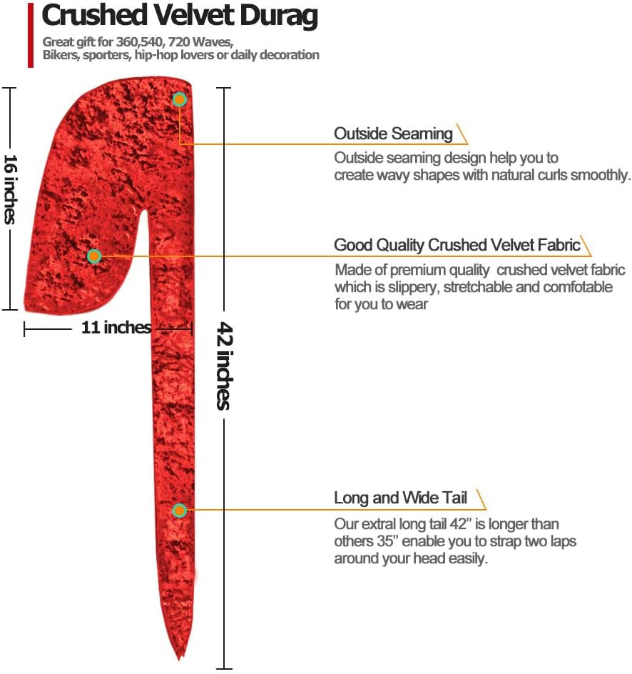 2 PCS Crushed Velvet Wave Durag – Premium Soft Durag Headwear with Extra Long Tail Perfect for 360 Waves