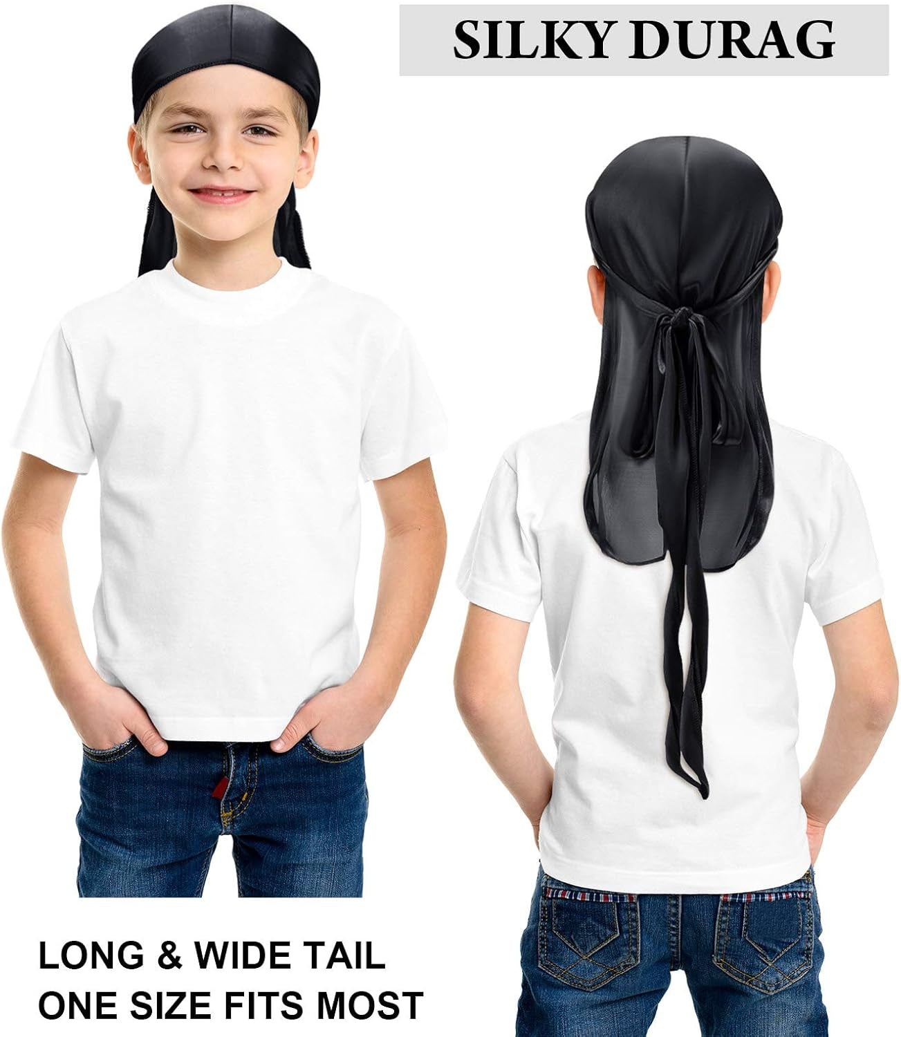 6 Pieces Kids Satin Durags with Wave Caps Set Unisex 360 Wave Headwraps with Long Tail and Wide Straps