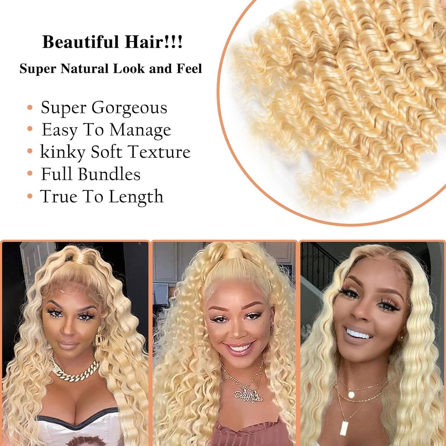 613 Blonde Deep Wave Human Hair Bundles - 8, 10, 12Inch Brazilian Virgin Hair - Deals (24, 26, 28Inch)