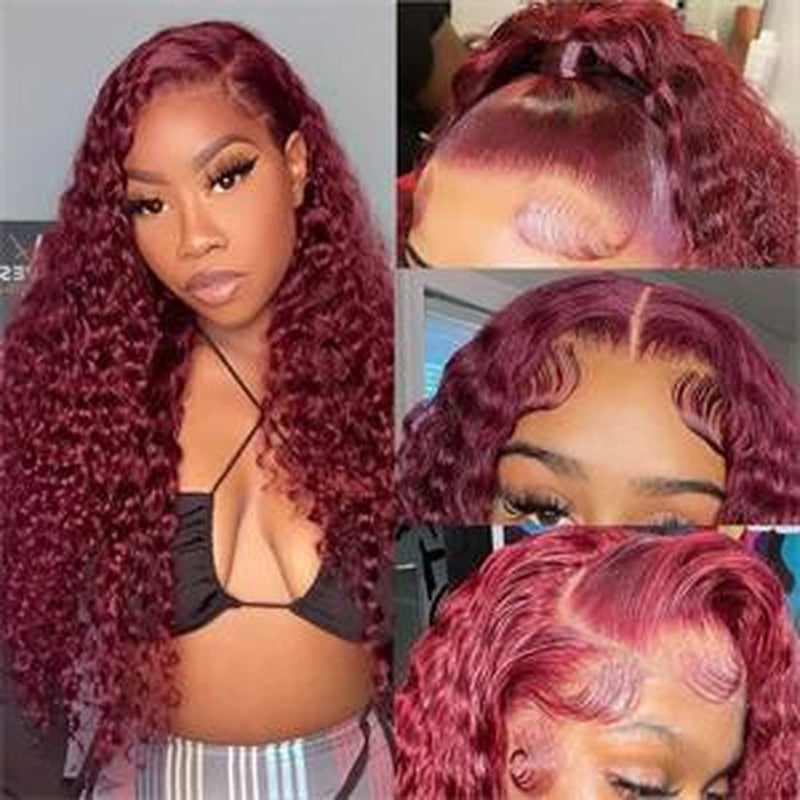 Jasperel Burgundy 13X4 Lace Front Wigs Human Hair for Black Women 99J Deep Wave Pre Plucked with Baby Hair Red Curly Human Hair Wig 150 Density