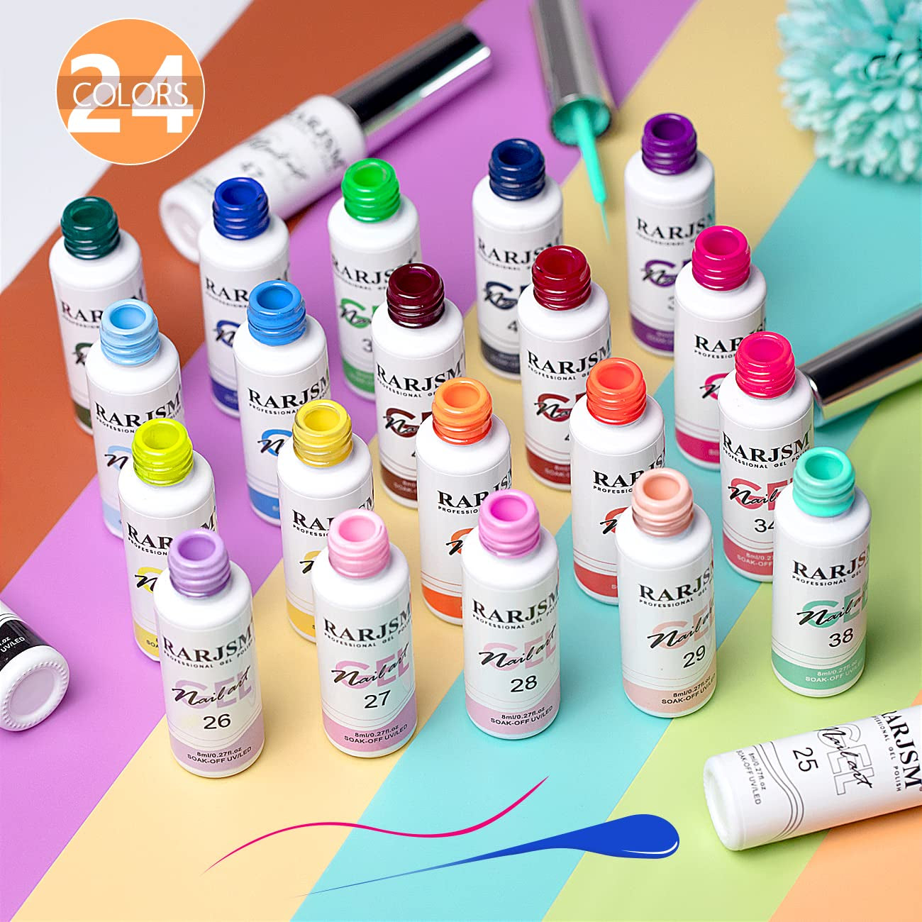 Nail Art Gel Liner 24 Color Line Art Painted Gel Nail Polish Set Pink Blue Green Silver Gold Glitter for Nails Painting Drawing Soak off U V L E D Curing Requires Bulid in Thin Nail Art Brush