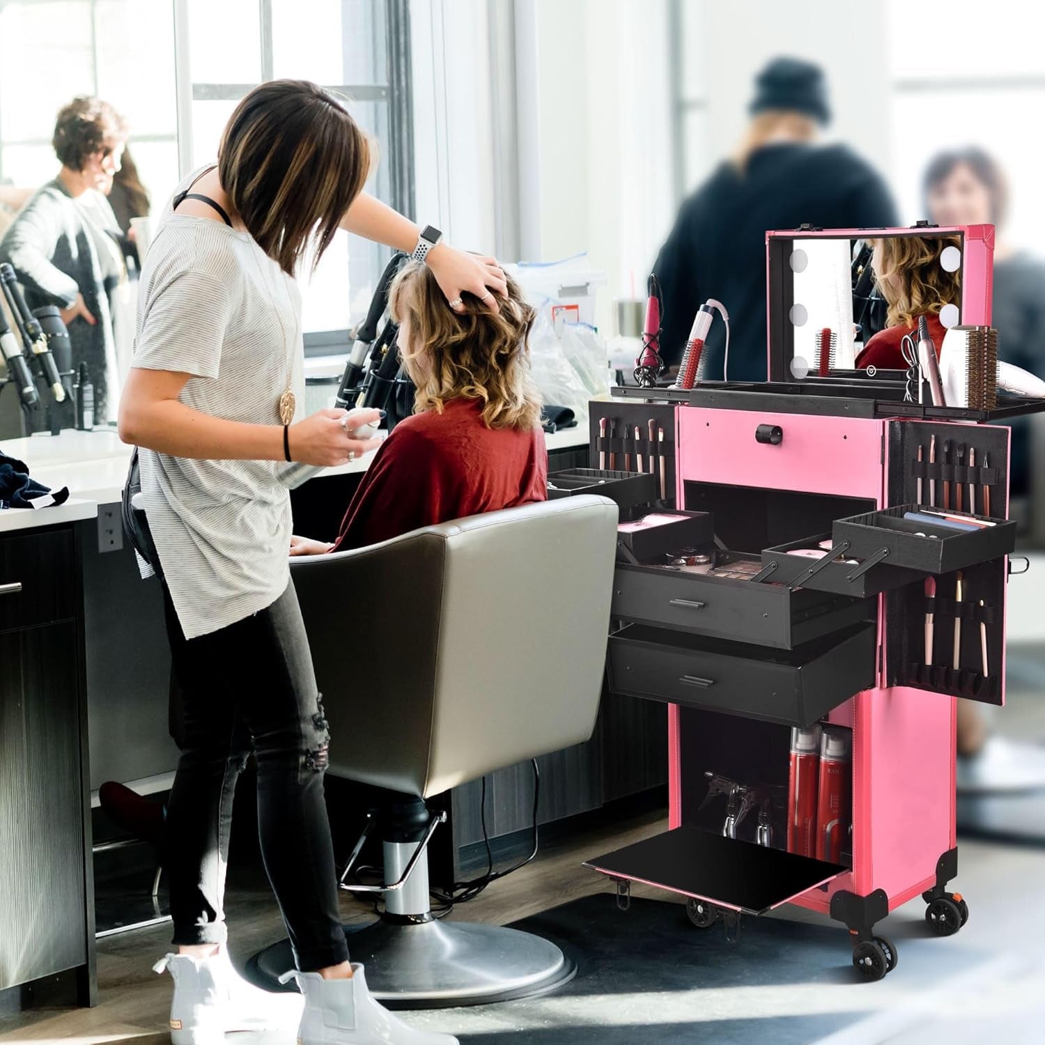 BYOOTIQUE Pink Rolling Makeup Case with Mirror Light Pro Large Cosmetic Artists Hair Stylist Barber Organized Trolley Lockable