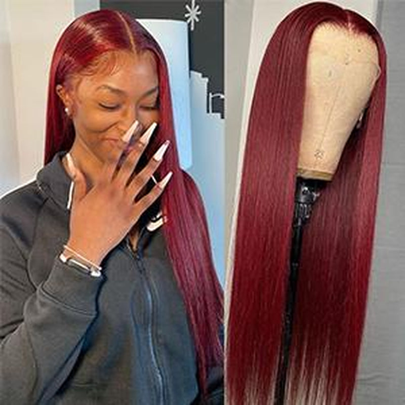 99J Burgundy Straight 13X4 Lace Front Human Hair Wig for Women, Straight 99J Lace Frontal Wig Pre Plucked with Baby Hair Brazilian Remy Hair Glueless Wine Red Colored 150% Density