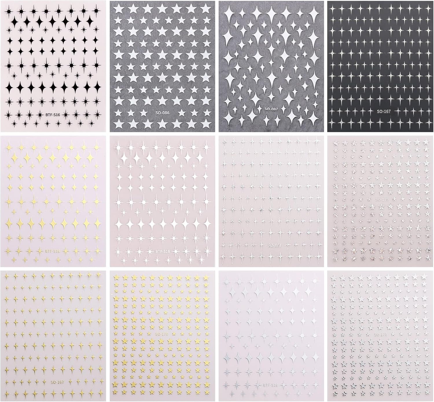 Star Nail Stickers 12Pcs Metallic Gold, Silver, White, Black Star Nail Decals Self-Adhesive Nail Art Stickers