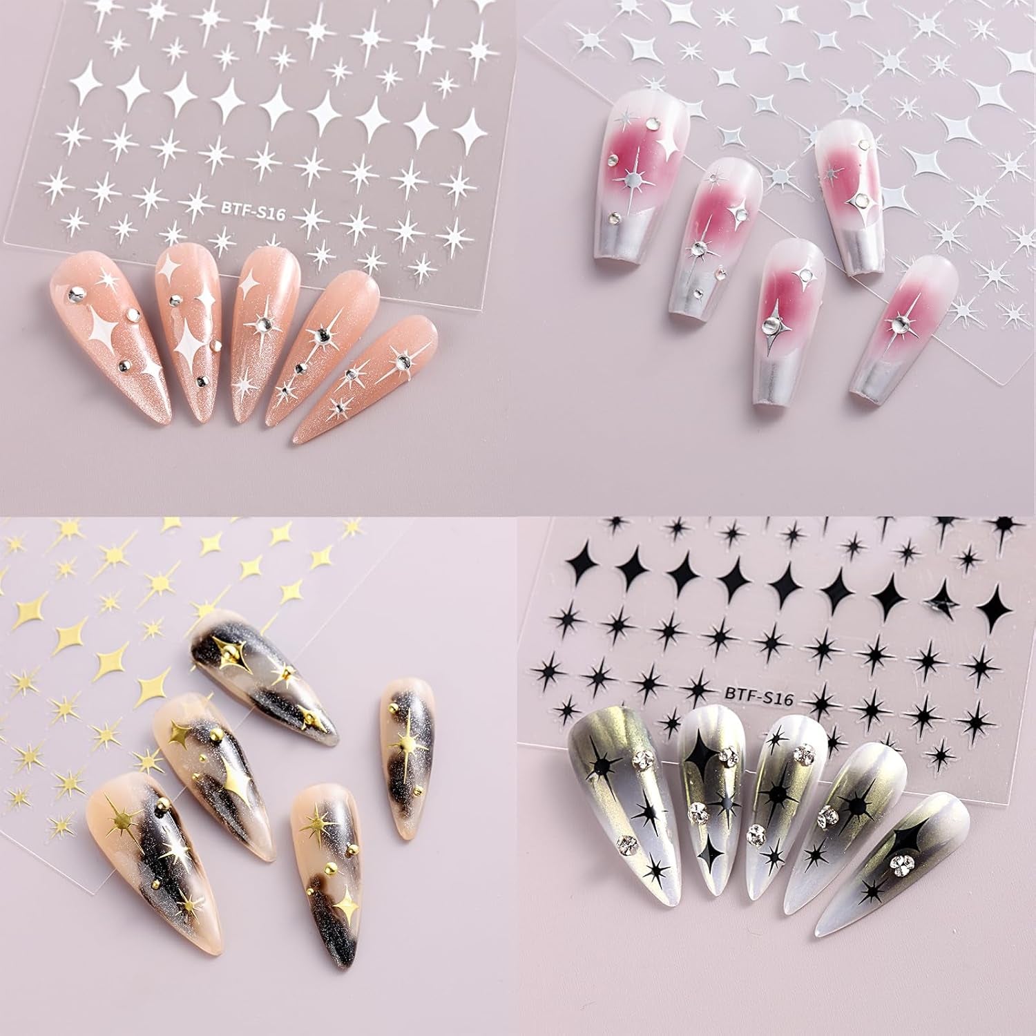 Star Nail Stickers 12Pcs Metallic Gold, Silver, White, Black Star Nail Decals Self-Adhesive Nail Art Stickers