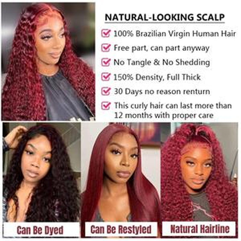 Jasperel Burgundy 13X4 Lace Front Wigs Human Hair for Black Women 99J Deep Wave Pre Plucked with Baby Hair Red Curly Human Hair Wig 150 Density