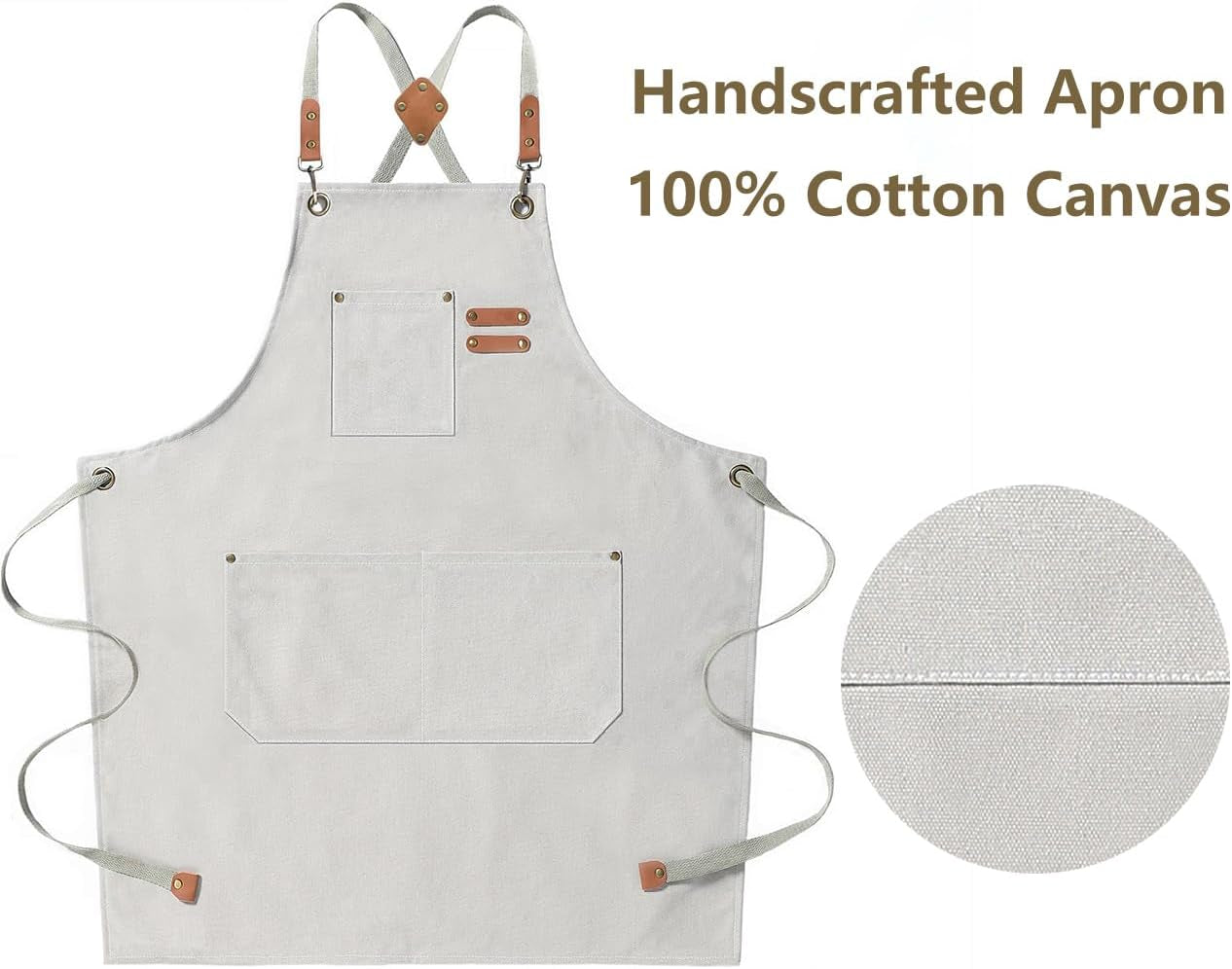 Chef Aprons for Men Women with Large Pockets, Cotton Canvas Cross Back Heavy Duty Adjustable Work Apron, Size M to XXL (Beige)