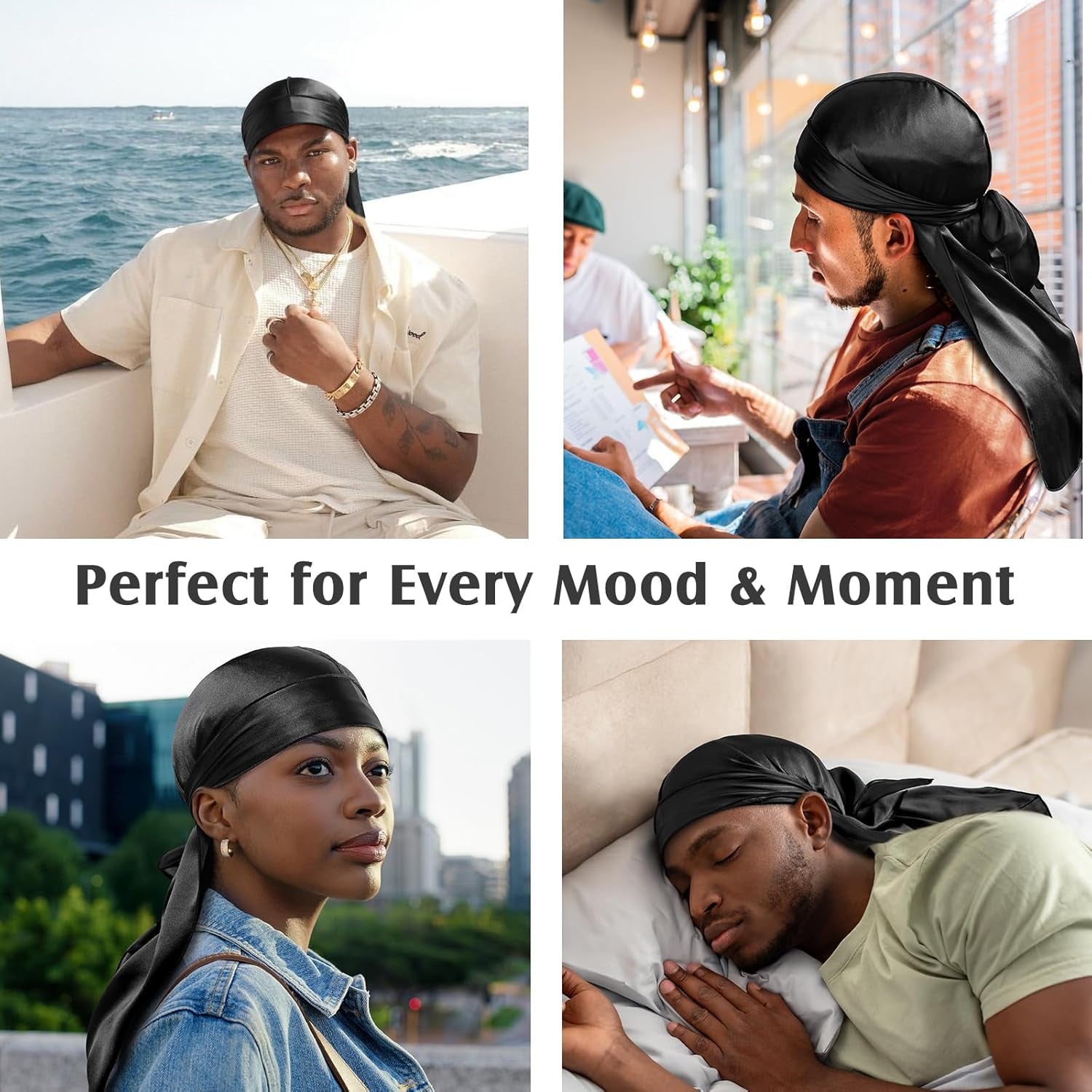 100% 22 Momme Mulberry Silk Durags for Men Women, Extra Long Strap Silky Durag,