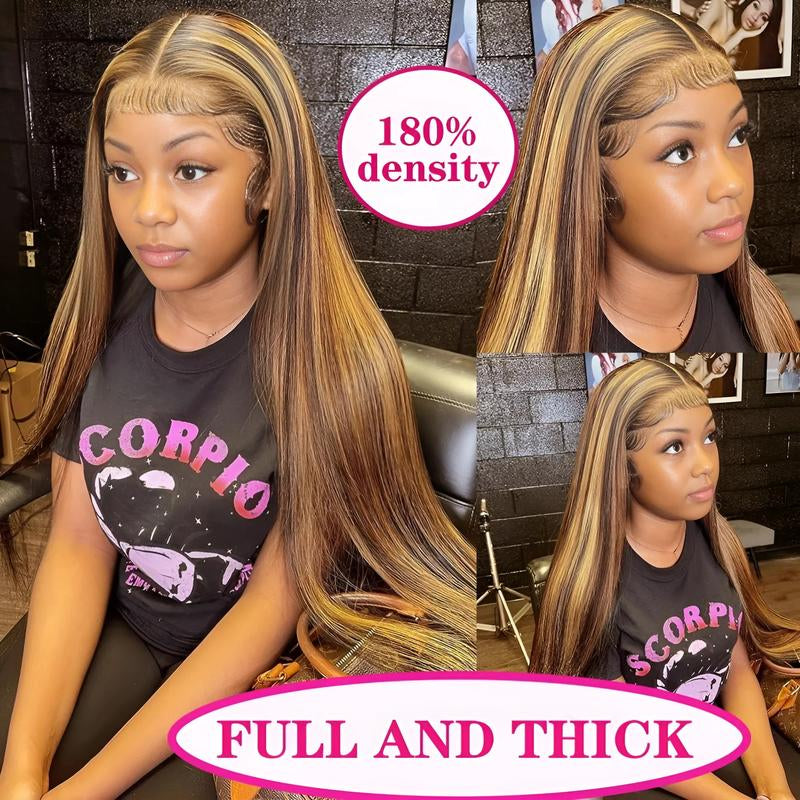 LEMO BEAUTY 13X4 HD Transparent 4/27 Human Hair Lace Front Wigs 180 Density Highlight Straight Lace Front Wigs Human Hair Pre Plucked Ombre Honey Blonde Balayage Color 24 Inch