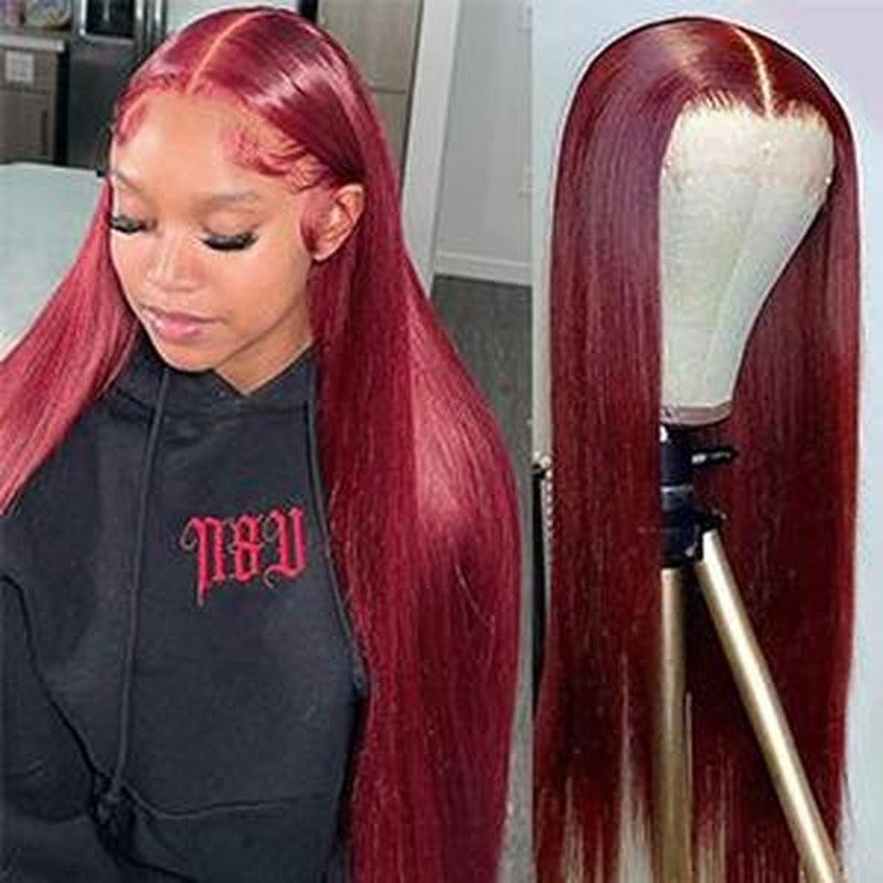 99J Burgundy Straight 13X4 Lace Front Human Hair Wig for Women, Straight 99J Lace Frontal Wig Pre Plucked with Baby Hair Brazilian Remy Hair Glueless Wine Red Colored 150% Density