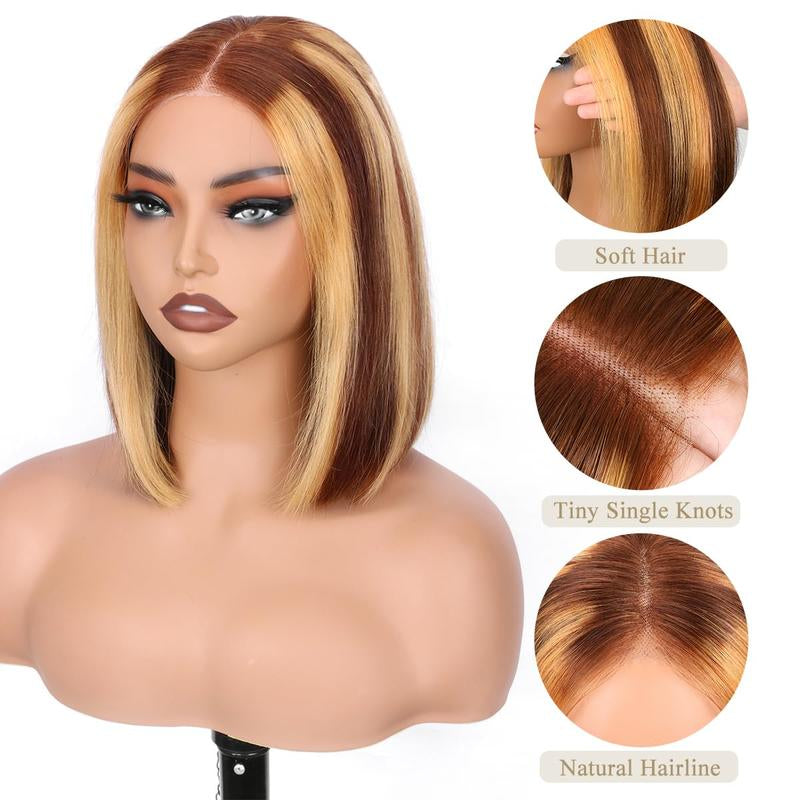 Wear and Go Glueless Bob Wig Human Hair 4/27 Ombre Highlight Bob Wig Human Hair Glueless 4X4 HD Lace Closure Glueless Wigs Human Hair Pre Plucked 180% Density Short Straight Blonde Bob Wigs for Women