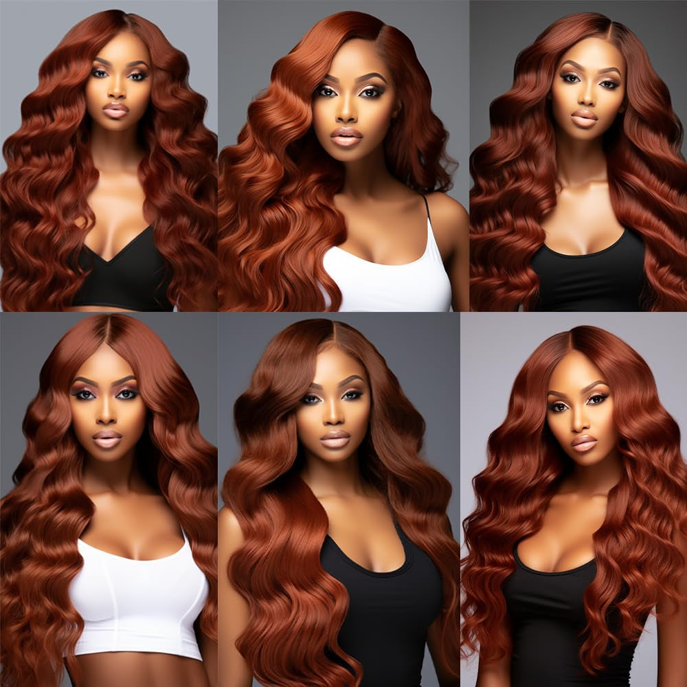 Color #33 Human Hair Body Weave Bundles Reddish Brown Body Wave Bundles Auburn Human Hair Double Weft Brazilian Remy Hair Weave Extensions Wet and Wavy Silky Soft for Black Women(26 28 30 Inch)