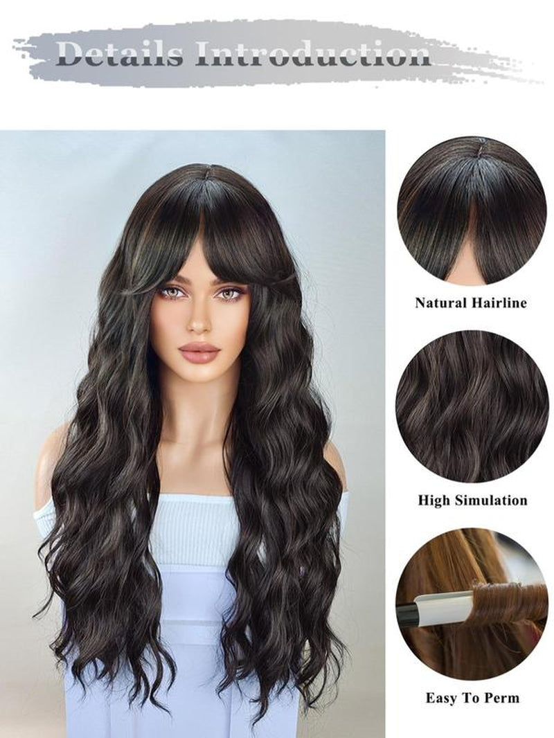 Long Curly Wigs for Women, Glueless Wigs Ready to Wear, Gorgeous Fluffy Wigs with Bangs, Synthetic Full Machine Wigs for Party, Daily Use