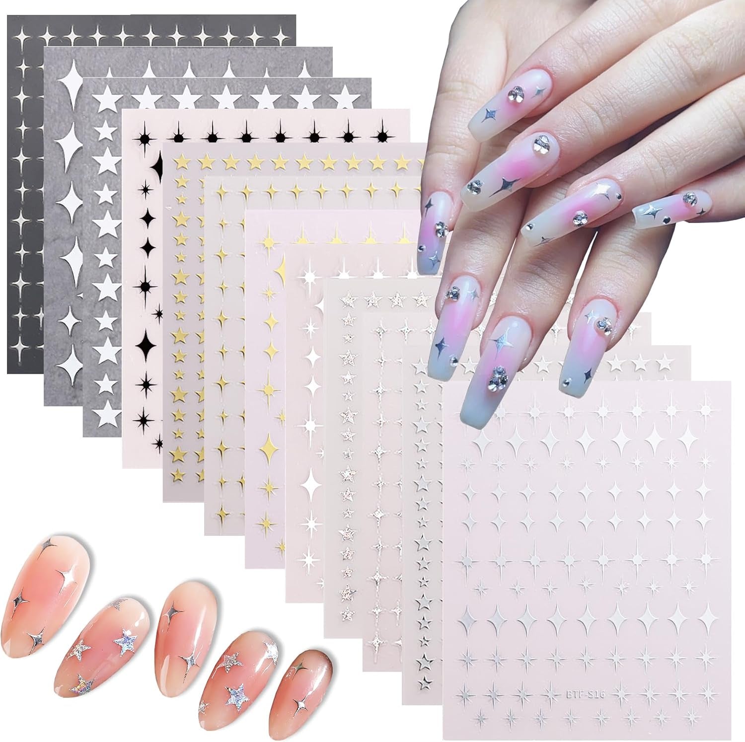 Star Nail Stickers 12Pcs Metallic Gold, Silver, White, Black Star Nail Decals Self-Adhesive Nail Art Stickers