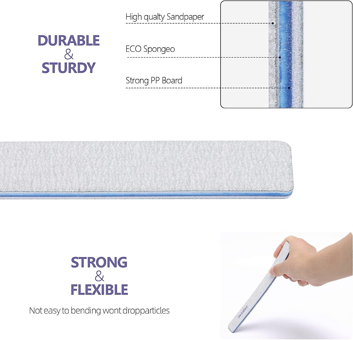 10 Count 80/80 Grit Rectangle Nail Files for Acrylic Nails, Reusable Buffering Files Double Sided Emery Boards for Nails